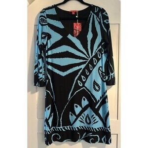 Nicola Antoni 3/4 Sleeve Flowy Blue & Black Sheath Stretch Dress Size L